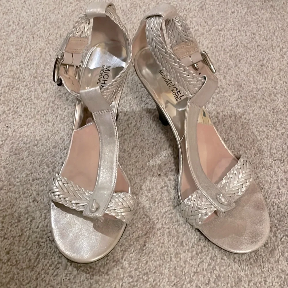 Michael Kors Silver Leather Heeled Sandals w/ Ankle Straps